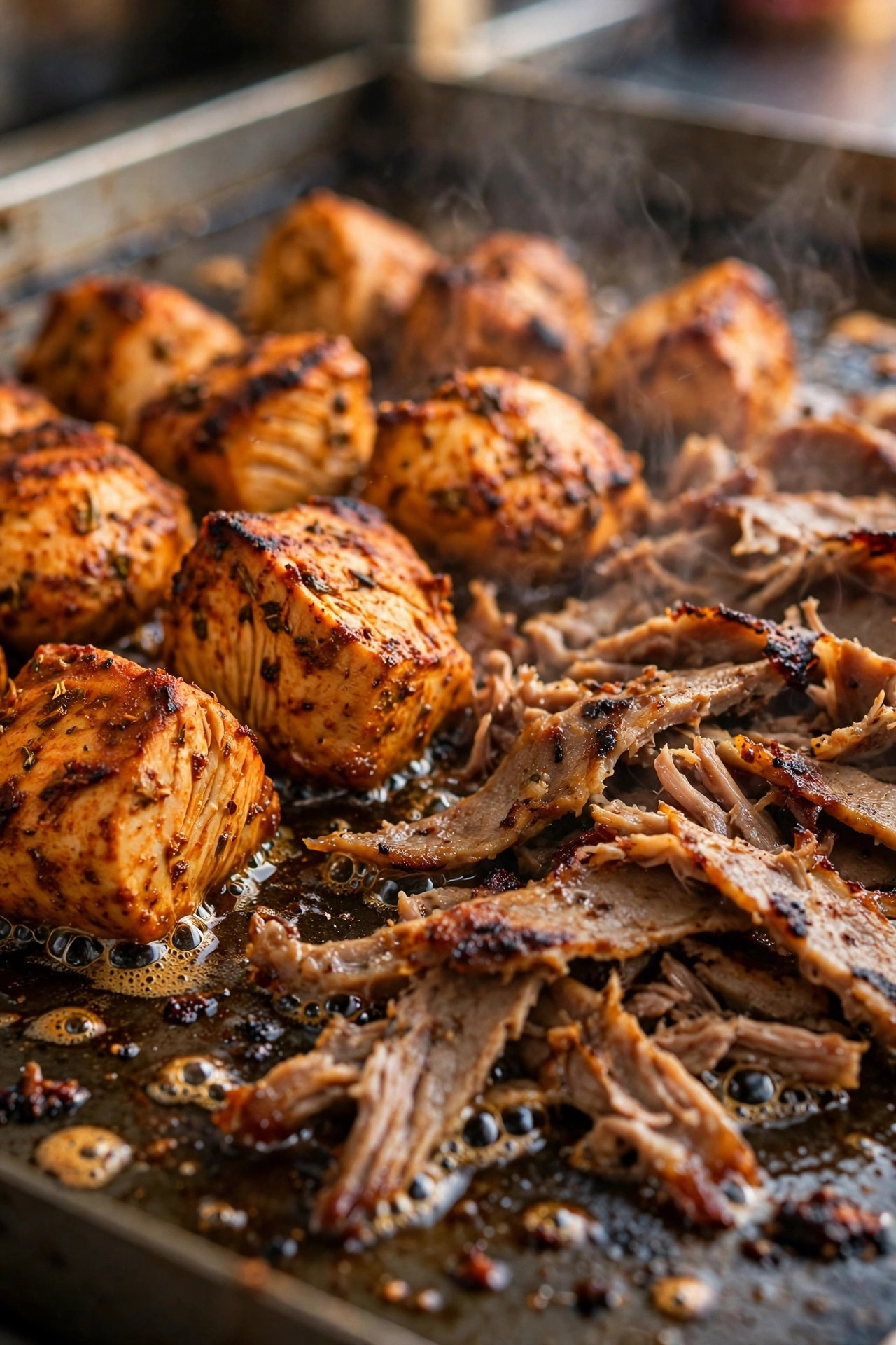 Chicken tikka and gyro meat sizzling on the grill