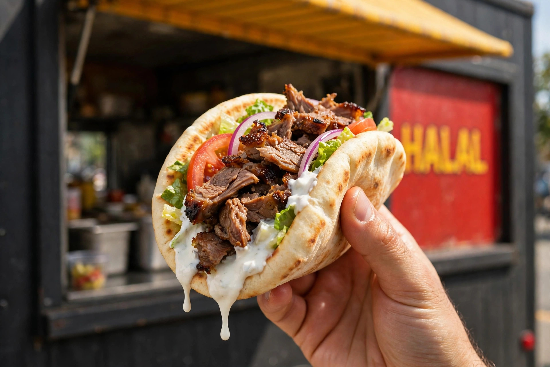 Lamb gyro sandwich held at the truck window