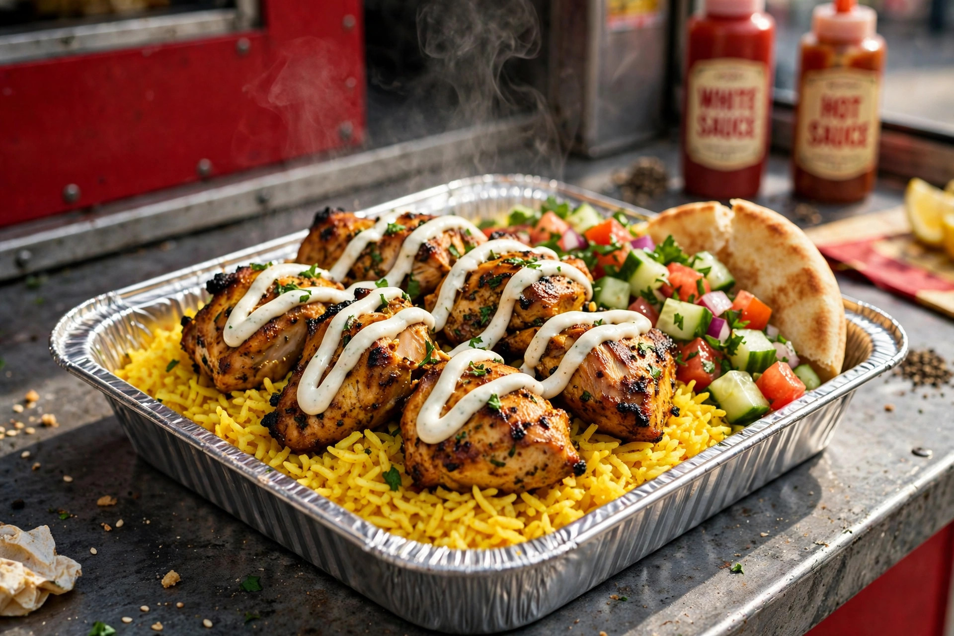 Chicken tikka over saffron rice with white sauce at a halal food truck counter