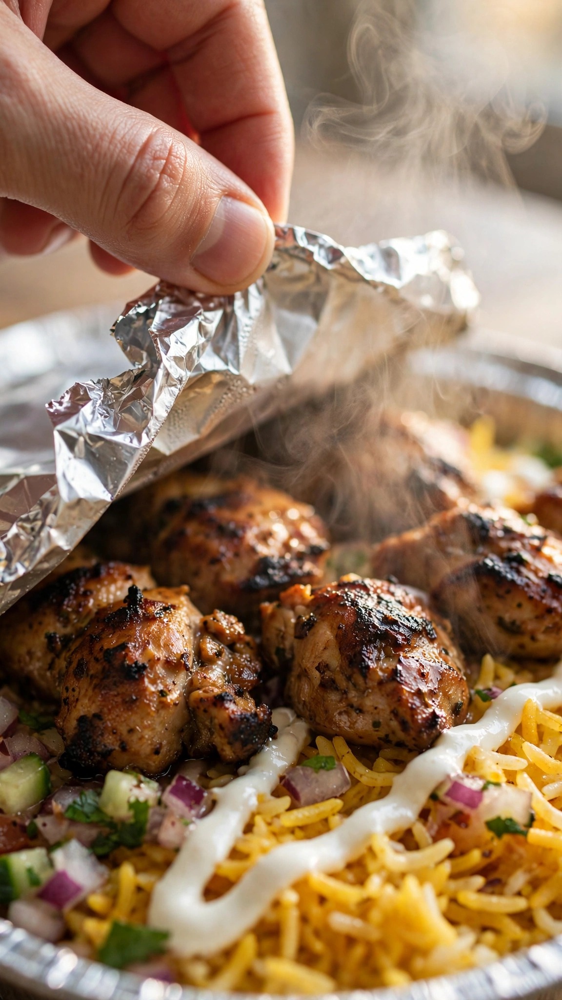 Chicken tikka platter with the foil lid peeled back, steam rising