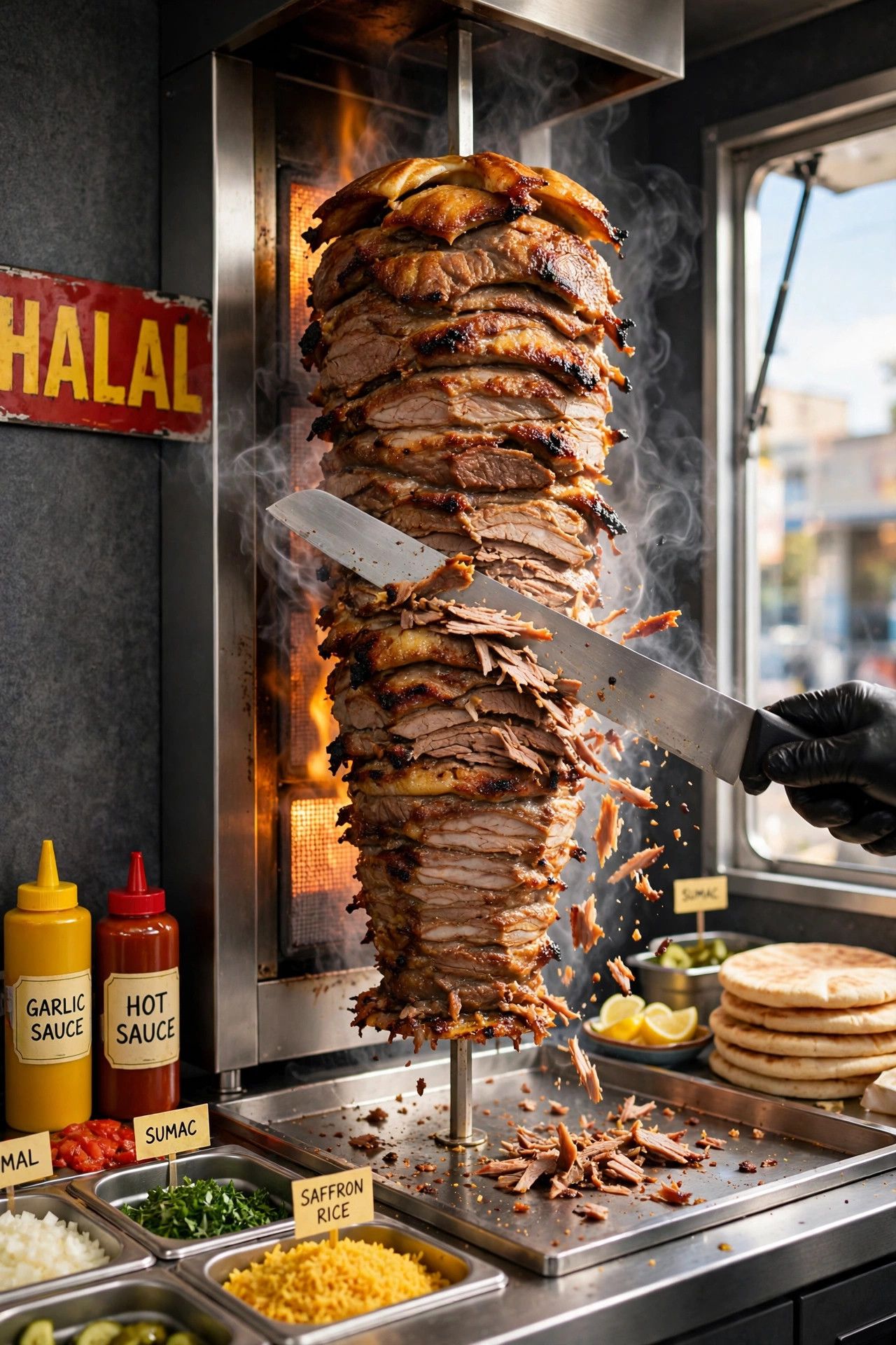 Gyro meat being shaved off a vertical spit
